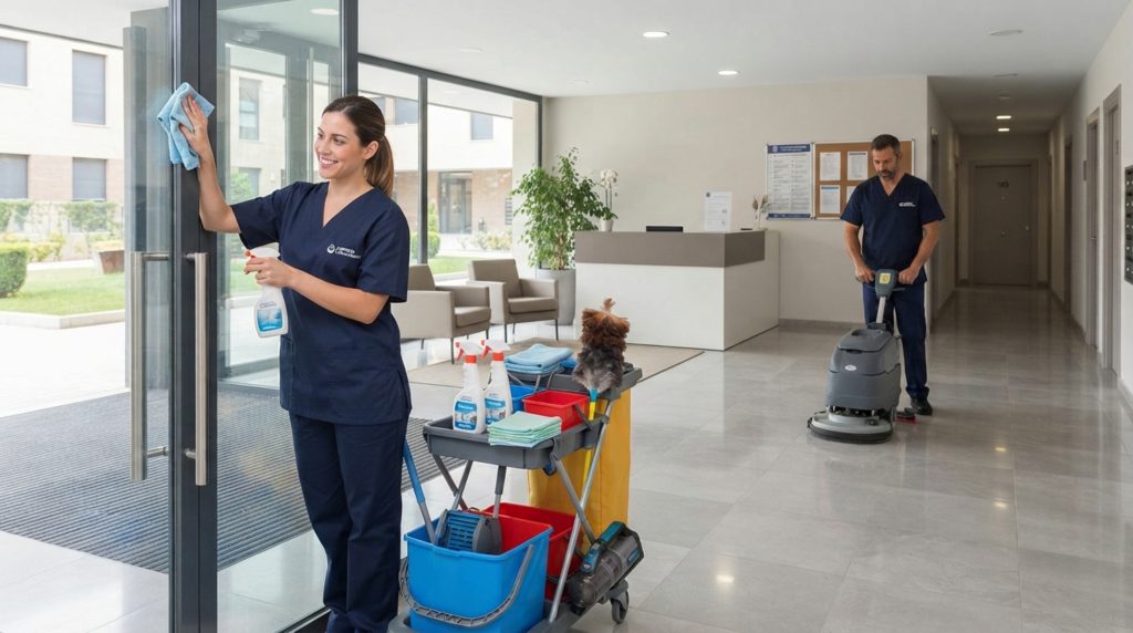 Personal de Limpieza 24 Siete realizando limpieza profesional de suelos en Madrid